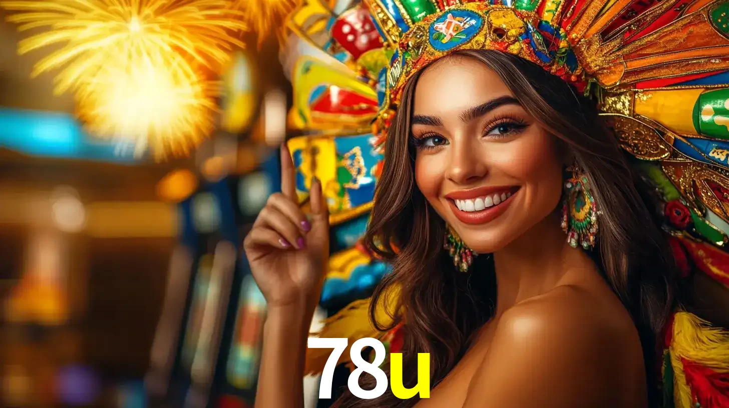 Mulher sorridente com um cocar de carnaval vibrante e colorido, celebrando uma grande vitória nos jogos do cassino 78u com fogos de artifício ao fundo.