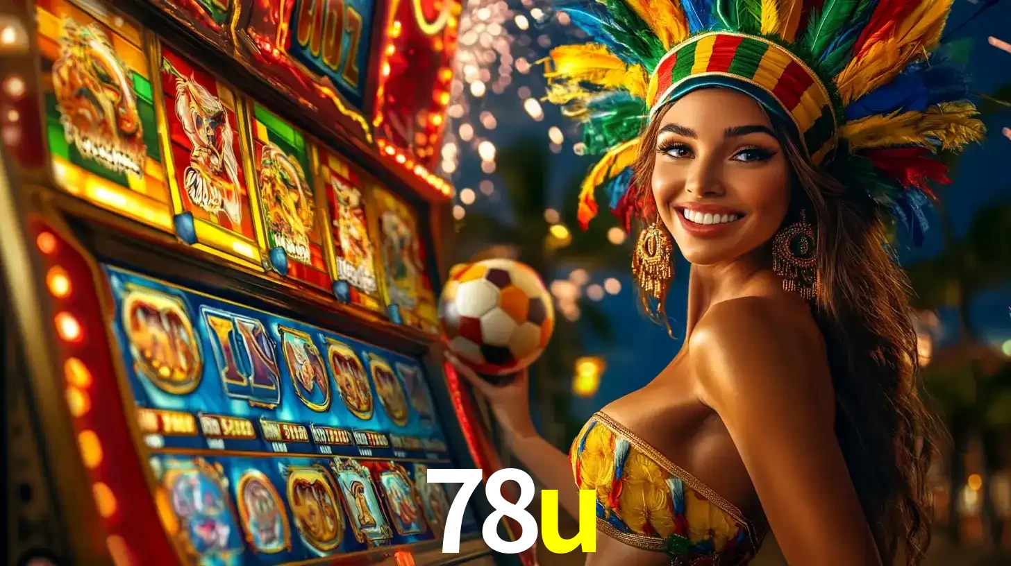 Mulher com um cocar de carnaval ao lado de uma máquina de caça-níqueis enquanto segura uma bola de futebol, mostrando a união da diversão de cassino e esportes no 78u.