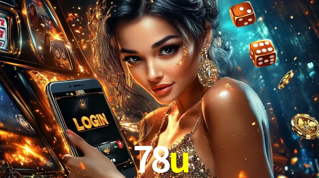 Mulher glamourosa segurando um celular com a tela de login do cassino 78u, rodeada por dados e moedas douradas, pronta para começar a diversão.