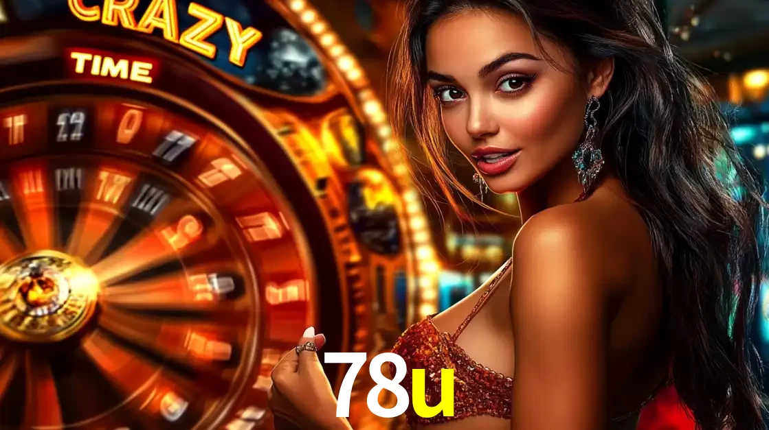 Mulher ao lado da roda de prêmios do jogo de cassino ao vivo Crazy Time, um dos shows de jogos mais emocionantes oferecidos pela plataforma de apostas 78u.