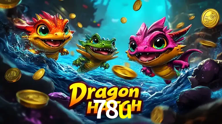 Arte promocional do jogo Dragon Hatch com três adoráveis dragões bebês nadando entre moedas de ouro, um dos slots mais divertidos para jogar no cassino 78u.