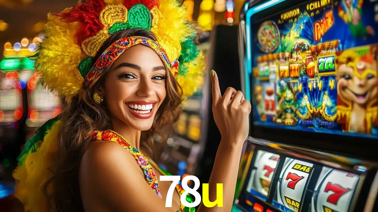 Mulher animada com um cocar de carnaval apontando para uma máquina de caça-níqueis, mostrando a emoção de ganhar um grande prêmio nos jogos do 78u.