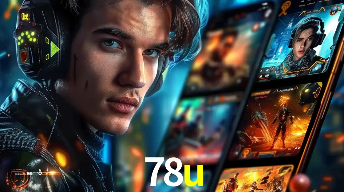 Jovem jogador com fones de ouvido olhando para a câmera, com um aplicativo de jogos e e-sports para celular ao fundo, pronto para a competição e apostas no 78u.