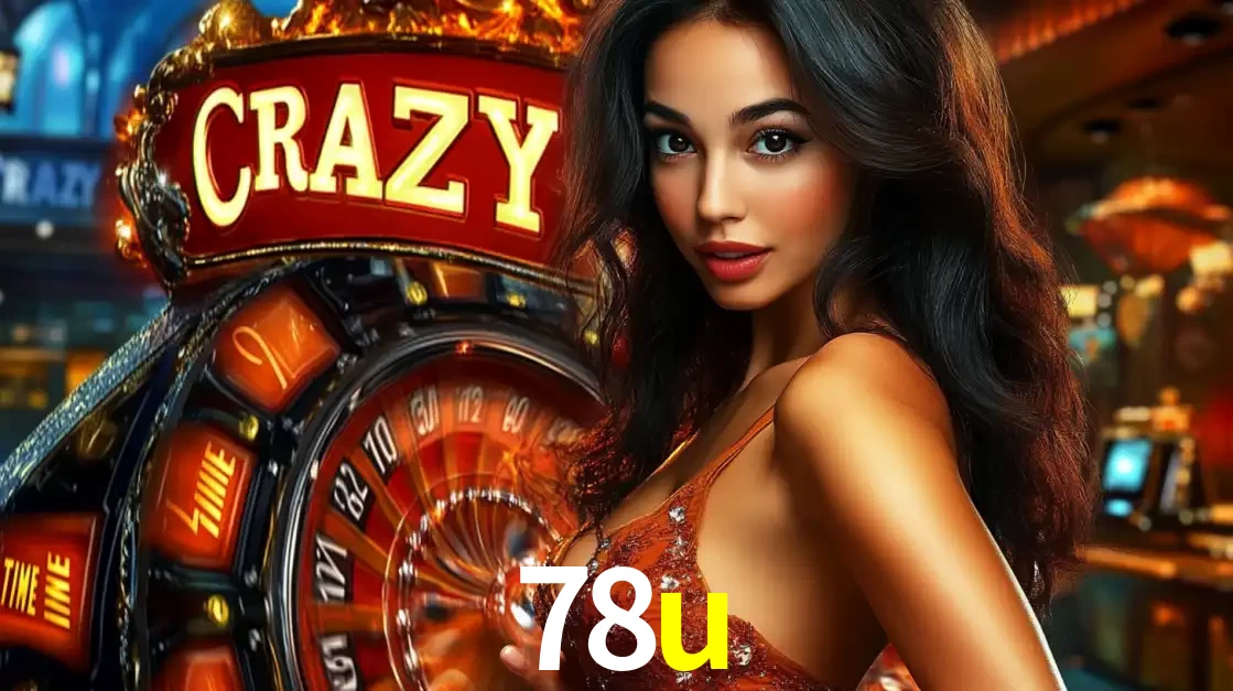 Mulher glamourosa olhando para a câmera com a roda vermelha do Crazy Time ao fundo em um ambiente de cassino, destacando a emoção dos jogos ao vivo no 78u.