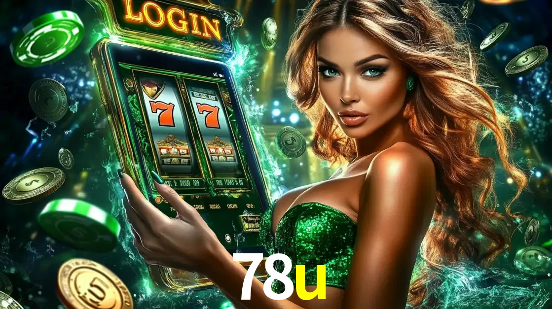 Mulher com tema verde apresentando o aplicativo do cassino 78u com um jogo de slot de 777, cercada por fichas de cassino e uma aura de sorte.