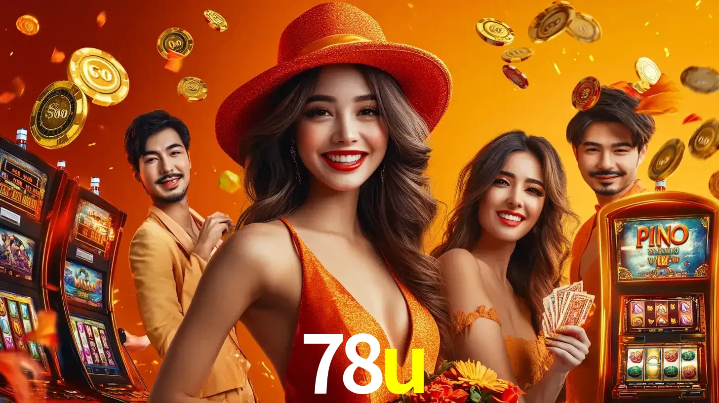 Grupo de amigos asiáticos sorrindo e se divertindo com máquinas de caça-níqueis em um ambiente festivo, celebrando suas vitórias nos jogos de cassino do 78u.