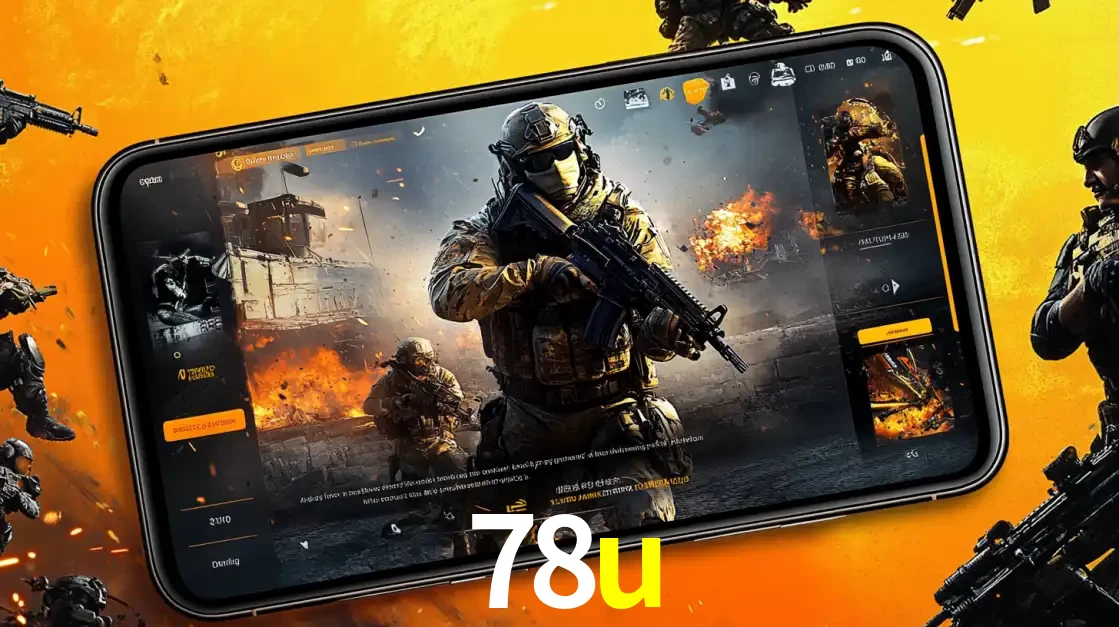 Um smartphone exibindo a interface de um jogo de tiro em primeira pessoa, com um soldado em um cenário de batalha, representando a ação dos e-sports para apostar no 78u.