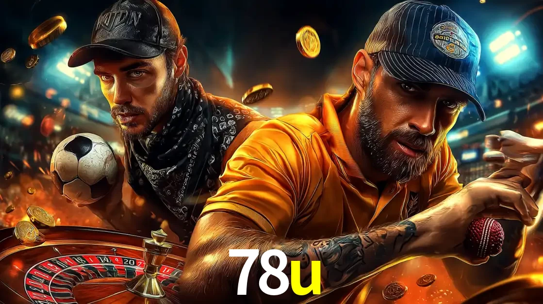 Montagem de apostas esportivas e cassino no 78u, com um homem segurando uma bola de futebol e outro uma de beisebol sobre uma roleta e moedas voadoras.