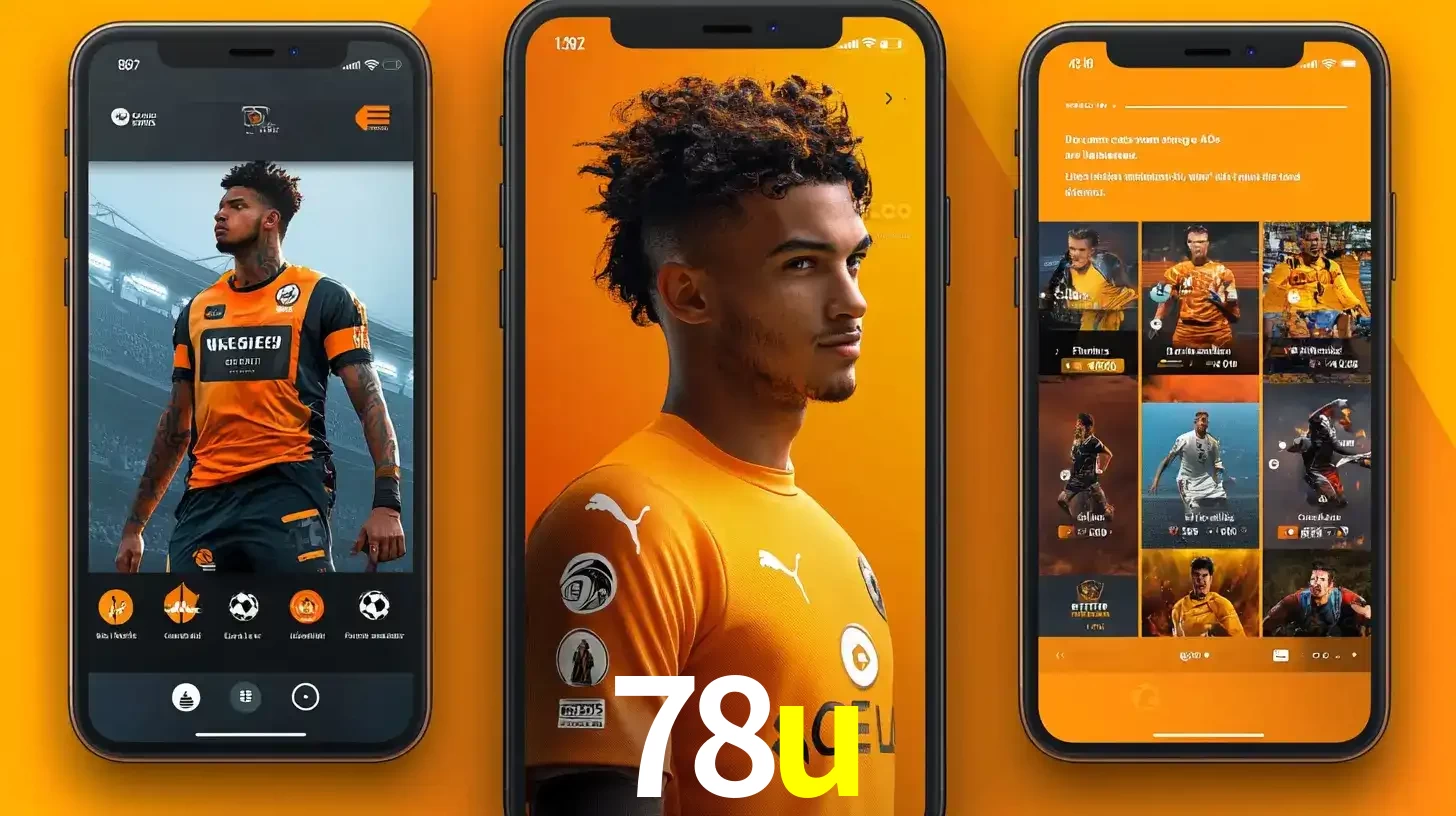 Interface do aplicativo de apostas esportivas 78u em três telas de celular, mostrando o perfil de um jogador de futebol e a lista de jogos disponíveis para apostar.