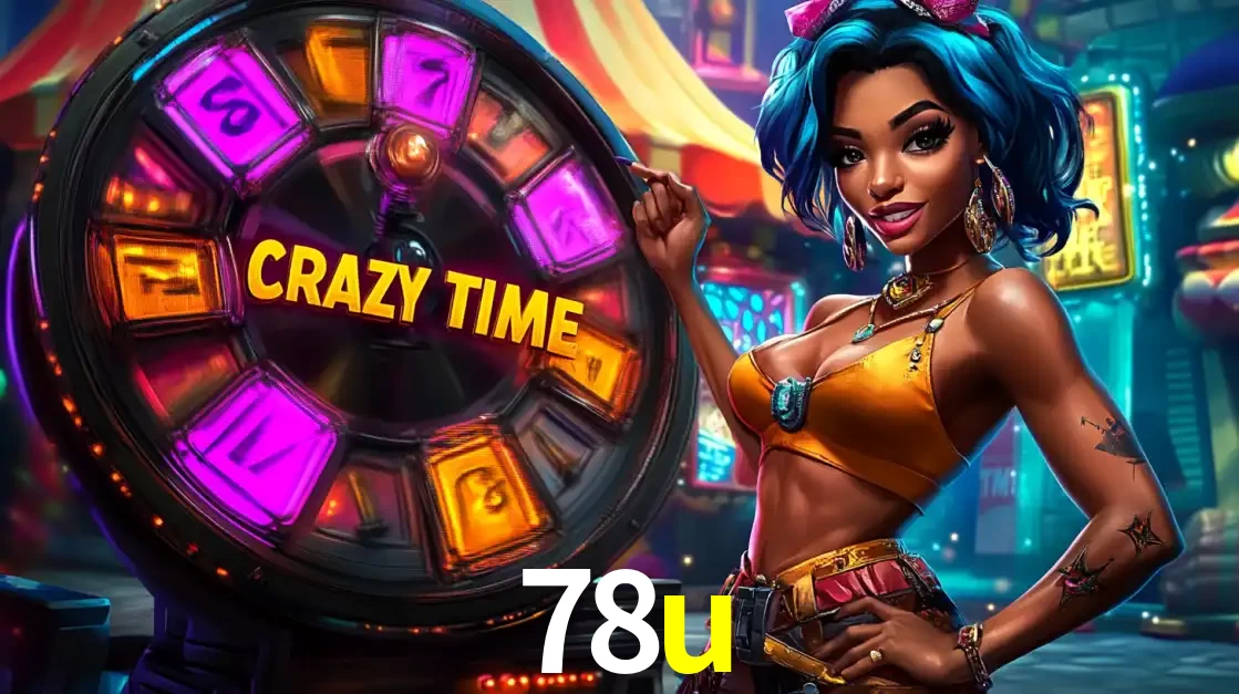 Mulher estilizada com cabelo azul e visual vibrante posando ao lado da roda de prêmios do game show Crazy Time, convidando para a diversão e os bônus do cassino 78u.