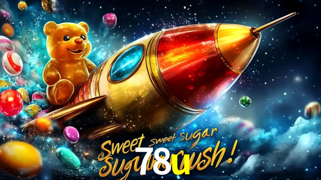 Arte promocional do jogo de slot Sugar Rush, com um urso de pelúcia em um foguete viajando pelo espaço de doces, um dos jogos divertidos disponíveis no cassino 78u.