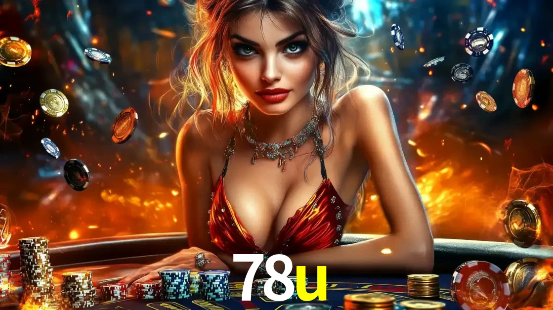 Mulher em uma mesa de cassino com pilhas de fichas e um fundo de fogo, pronta para uma rodada de altas apostas nos jogos de mesa emocionantes do cassino 78u.