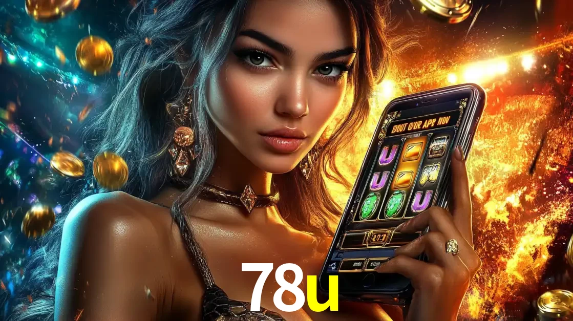 Mulher elegante mostrando um jogo de caça-níqueis em seu smartphone, destacando a experiência de cassino móvel oferecida pelo aplicativo 78u.