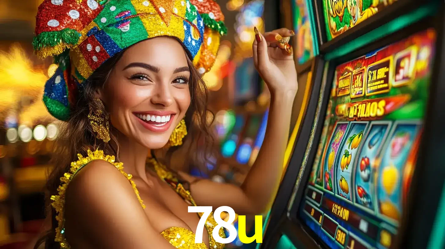 Mulher feliz com traje de carnaval amarelo e colorido ao lado de uma máquina de caça-níqueis, aproveitando a diversão e os jogos temáticos do cassino 78u.