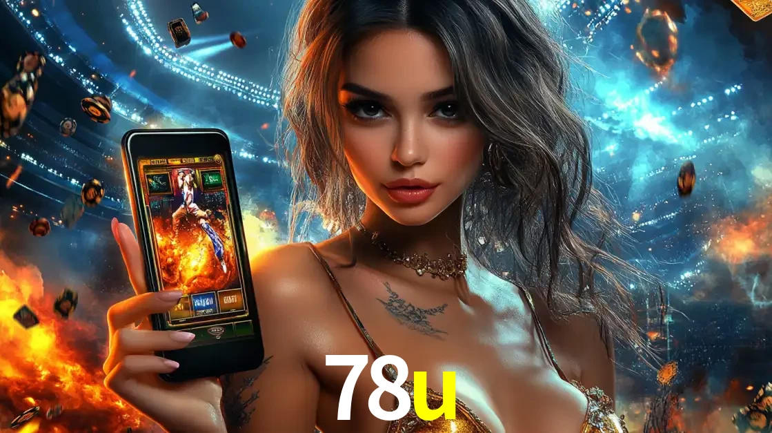 Mulher segurando um celular com um jogo de slot em destaque, tendo como fundo um estádio vibrante, simbolizando a emoção de jogar no cassino móvel 78u.