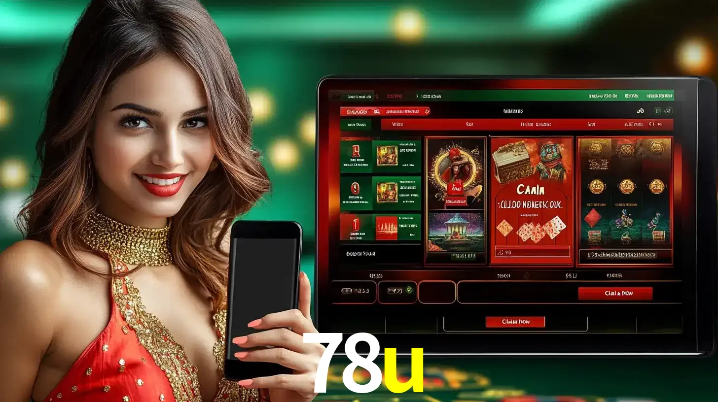 Mulher sorridente segurando um smartphone, ao lado de uma tela exibindo o lobby de jogos do cassino online 78u, com várias opções de jogos de cartas e slots.